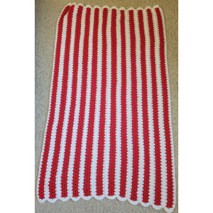 Crochet Throw Afghan Handmade Red White Striped Cottage Grannycore 59.5"x36"